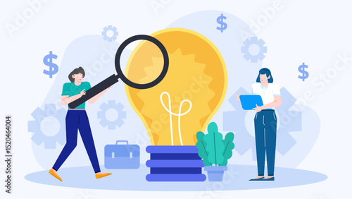 Creative concept of women inspecting a giant lightbulb with a magnifying glass. Ideal for innovation, idea generation, brainstorming concepts.