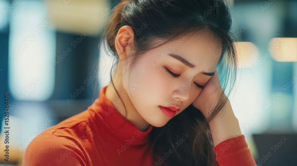 Fototapeta premium Overworked young Asian businesswoman office worker suffering from neck pain after had a long day at her office desk. office syndrome concept