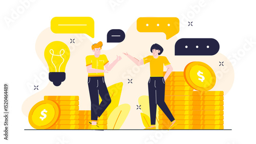 Two people in deep discussion about a profitable idea. Suitable for business, finance, teamwork, entrepreneurship concepts. Moneymaking brainstorming session.