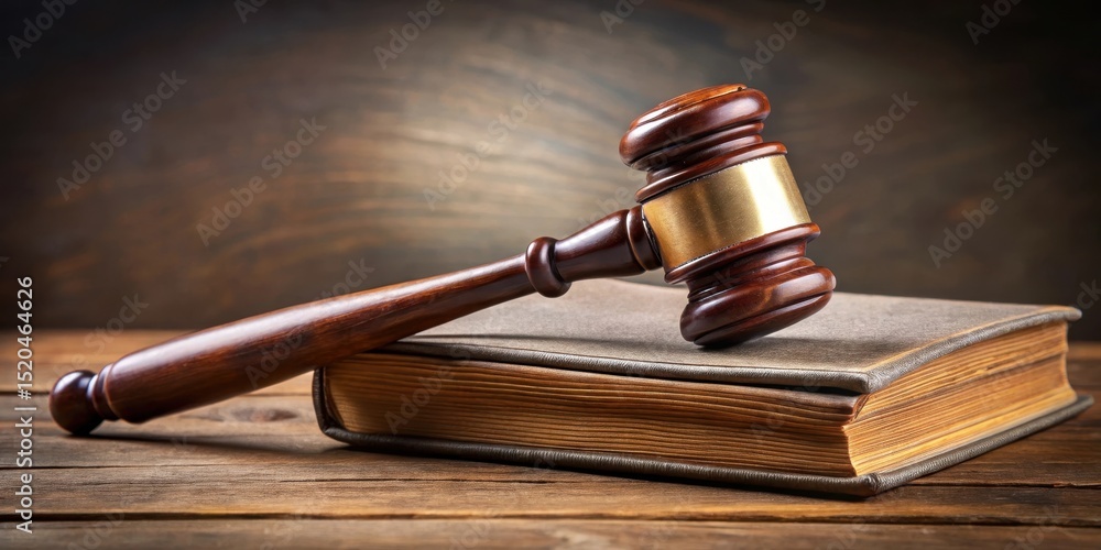 A wooden gavel lies on a leather-bound book, open to a page with legal codes and statutes, symbolizing authority and justice in a solemn setting , jurisprudence, statute A wooden gavel lies on a leather-bound book, open to a page with legal codes and statutes, symbolizing authority and justice in a solemn setting , jurisprudence, statute