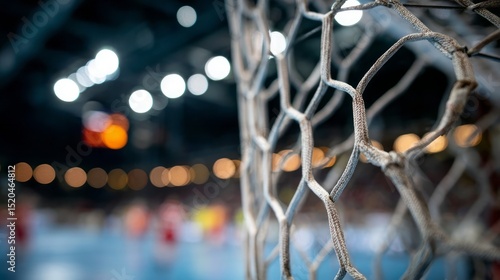 handball goal net close up with stadium light in background.