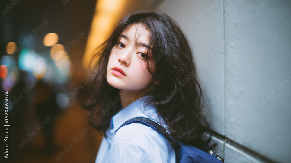 Fototapeta premium Thoughtful young woman with short black hair looking away in soft natural light with blurred dark background for emotional portrait and introspective mood