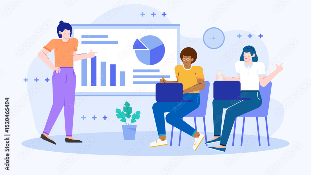 Woman presenting bar chart to group, suitable for business presentations, data analysis reports, financial pitches, market research discussions. Woman presenting bar chart to group, suitable for business presentations, data analysis reports, financial pitches, market research discussions.