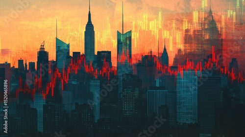 City Skyline at Sunset with Financial Data Overlay