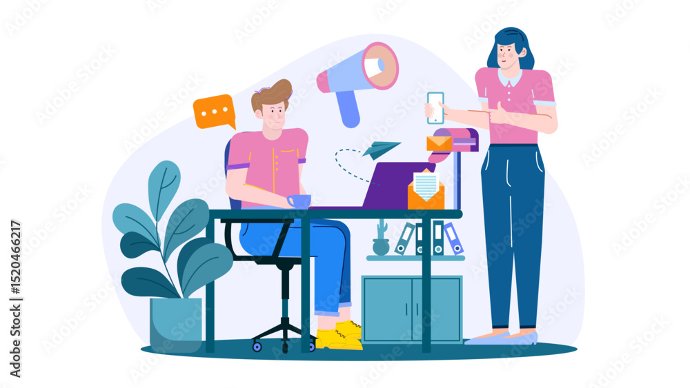 Man and woman in business setting, discussing work at desk. Suitable for business presentations, office environment concepts, teamwork illustrations. Man and woman in business setting, discussing work at desk. Suitable for business presentations, office environment concepts, teamwork illustrations.