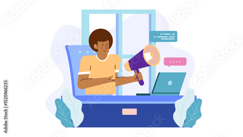 Man with megaphone at desk. Suitable for promotions, announcements, marketing campaigns, business communication, leadership, public speaking concept.