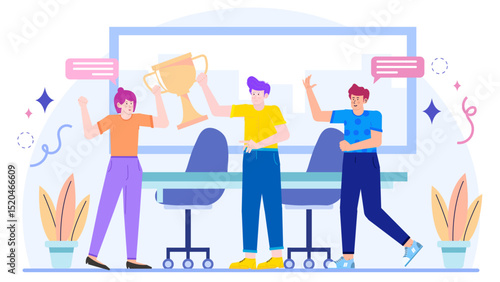 Three people jubilantly celebrating with a trophy on a festive table. Ideal for depicting success, teamwork, celebration, and achievement.