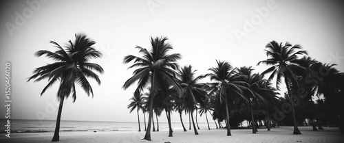 Grainy black and white image of palm trees gently swaying on a tranquil beach, shore, sun