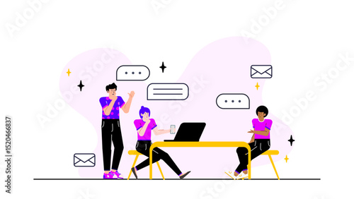 Three people discussing at a work table. Suitable for business, teamwork, collaboration, brainstorming concepts in presentations, websites, and social media.