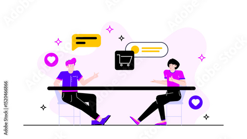 Two people discussing online shopping at a table, ideal for illustrating ecommerce conversations, consumer behavior, or virtual shopping trends.