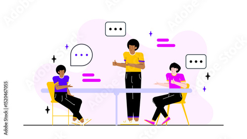 Three people having a meeting at a table. Suitable for business, teamwork, collaboration, workplace, brainstorming, discussions, and corporate concepts.
