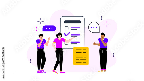 Three people discussing a checklist and notes, suitable for business or teamwork concepts in presentations, articles, or educational material.