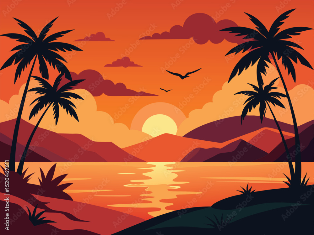 Silhouette of tropical landscape at sunset with palm trees over the ocean and colorful sky scenery. Silhouette of tropical landscape at sunset with palm trees over the ocean and colorful sky scenery.