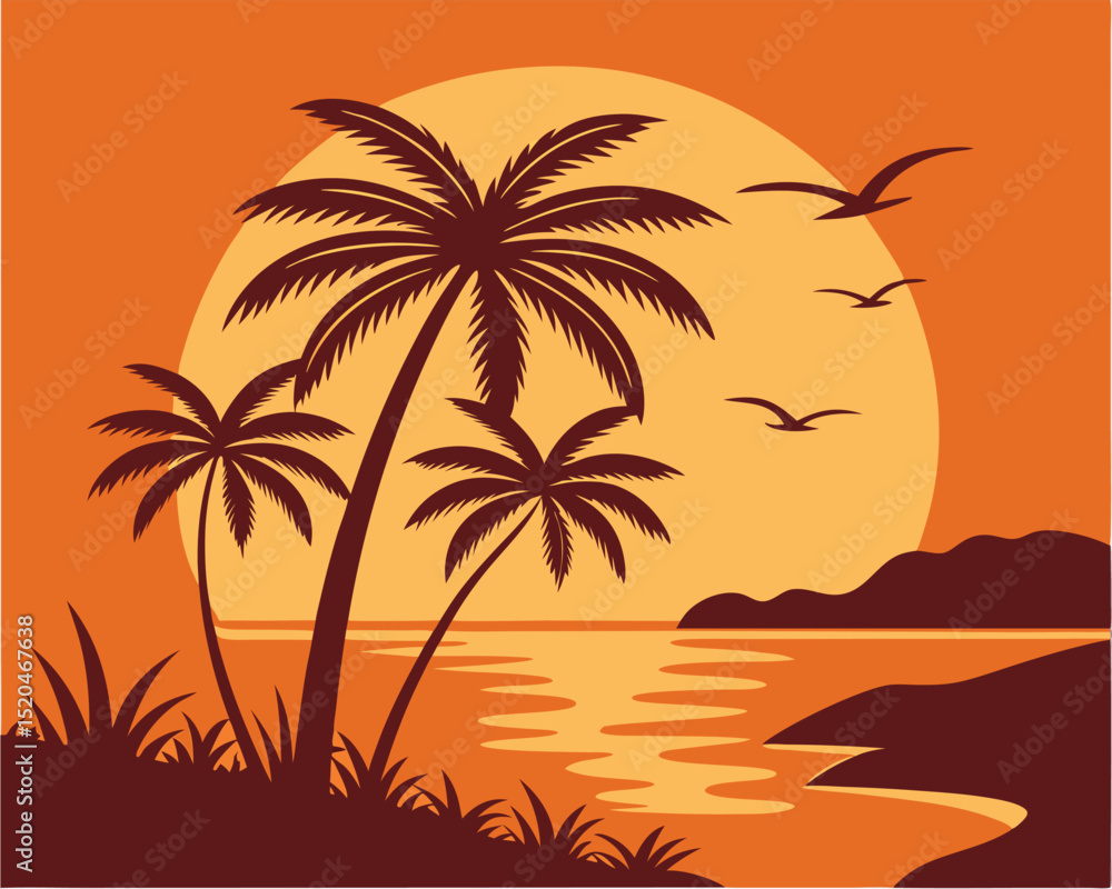 Fototapeta premium Tropical Sunset Palm Trees Silhouette Vector Illustration Exotic Beach Scene
