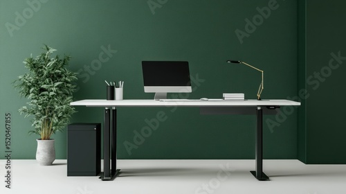 Fototapeta Naklejka Na Ścianę i Meble -  Home office desk with dark green wall and white table