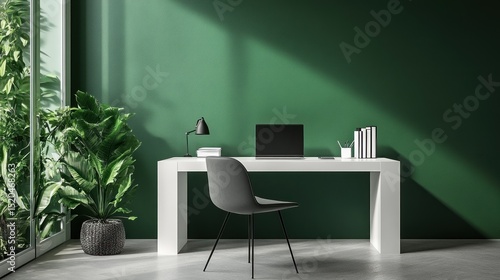 Fototapeta Naklejka Na Ścianę i Meble -  Home office desk with dark green wall and white table