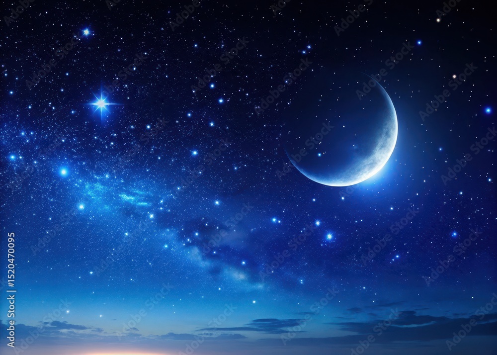 Dark blue night sky with countless stars and a crescent moon Dark blue night sky with countless stars and a crescent moon