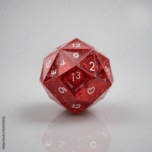 Red twenty sided die, icosahedron dice, 3D rendering isolated on transparent background
