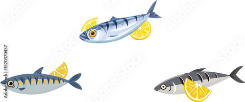 Cooking action grilled sardine with lemon kitchen food illustration bright fresh concept