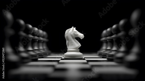 A white knight chess piece stands alone on a black and white checkered board, facing rows of black pawns in a dramatic and intense scene.