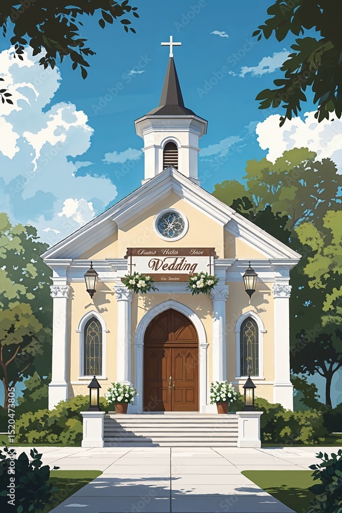 Fototapeta premium Classic church exterior with wedding signage and lanterns background wallpaper for card invitation or phone