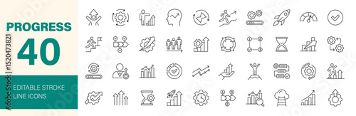 Progress icon set. Containing growth, efficiency, success, development, startup, management, organization, productivity, increase and more. Editable line icons. Vector illustration.