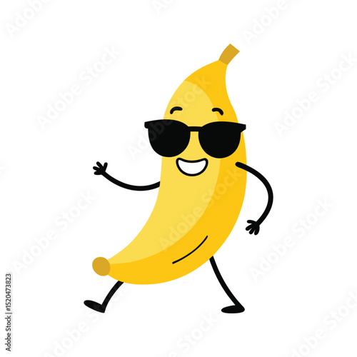 funny cartoon banana vector art character with sunglasses dancing isolated on white background.