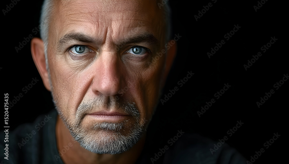 A compelling portrait of a mature man, capturing depth and emotion with striking blue eyes and intense expression. A compelling portrait of a mature man, capturing depth and emotion with striking blue eyes and intense expression.