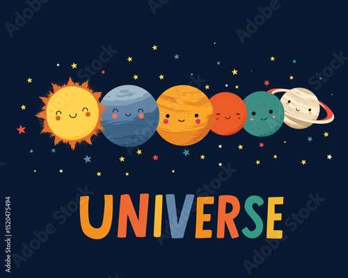Smiling cartoon sun and six planets with faces surrounded by stars on dark background. Flat cartoon illustration. Solar system and astronomy education concept. Design for poster, wallpaper, banner