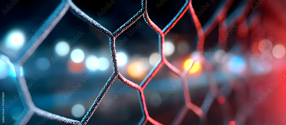 Fototapeta premium Close-up view of a hexagonal wire mesh with blurred lights in the background, showcasing modern materials and aesthetics.