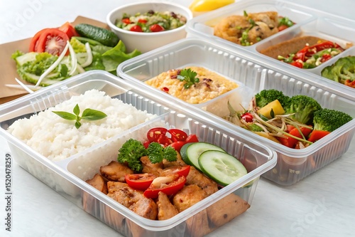 Modern Thai bento lunch boxes with rice, meat, and vegetables in plastic containers. Healthy, colorful Asian meals ideal for delivery, takeaway, catering, and restaurant menus.

