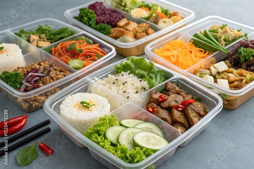 Modern Thai bento lunch boxes with rice, meat, and vegetables in plastic containers. Healthy, colorful Asian meals ideal for delivery, takeaway, catering, and restaurant menus.

