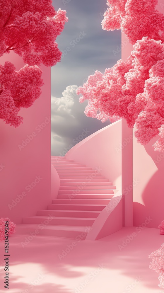 Fototapeta premium Dreamy ascent through pastel pink architecture framed by blossoming trees and cloudy sky