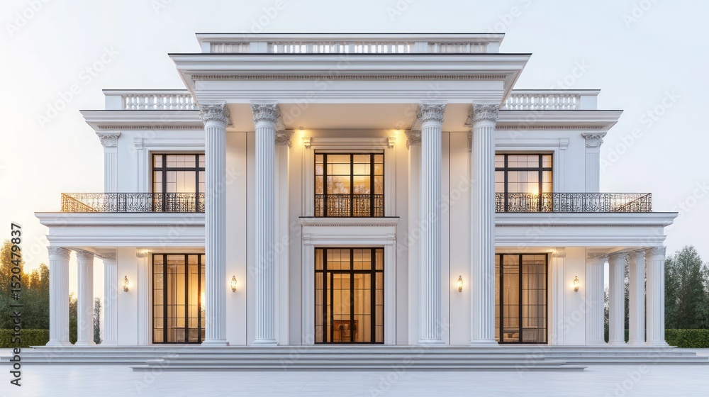 Fototapeta premium Classic white mansion facade at sunset. Exterior view. Potential use Architecture, real estate, interior design, marketing materials