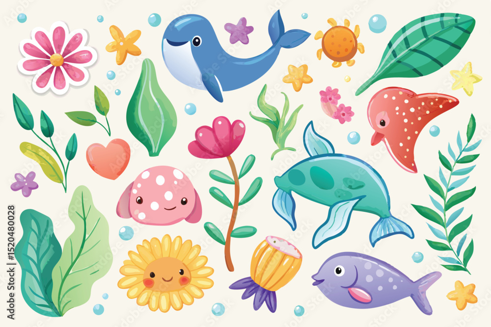 Fototapeta premium Cute Watercolor Sea Animals and Plants Illustration for Kids Design