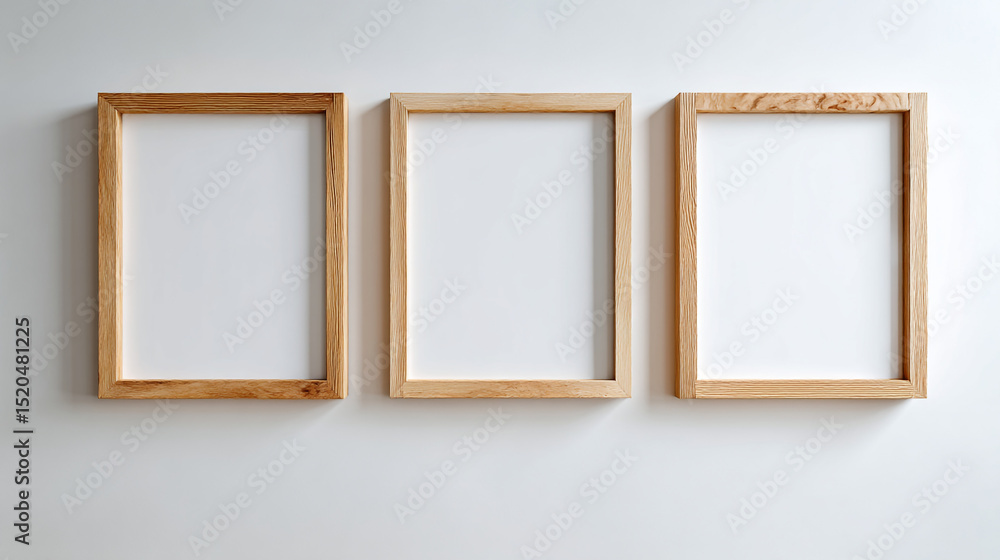 Three light wood picture frames hanging on a white wall in a horizontal arrangement with blank space Three light wood picture frames hanging on a white wall in a horizontal arrangement with blank space