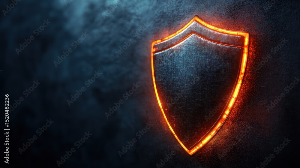 Fototapeta premium Glowing metal shield on dark textured wall. Possible use Stock photo for security, protection, or technology concepts