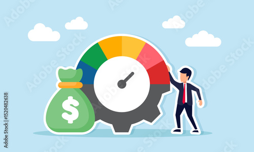 Businessman standing next to a money bag and gear level indicator illustration of monitoring financial performance of a business