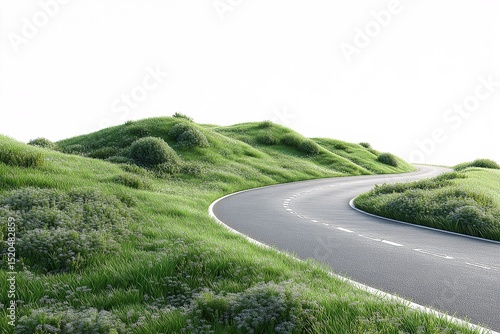 Scenic Curved Road in Rolling Green Hills. Perfect Pathway for Outdoor Adventure and Exploration
