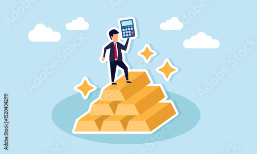 Businessman standing on a pile of gold holding a calculator illustration of investment diversification calculation in gold
