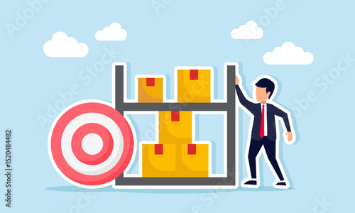 Businessman standing next to target board and package box shelf illustration of logistics business target
