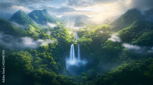 Morning light illuminates misty rainforest with a cascading waterfall at sunrise