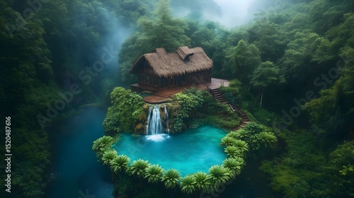 Tropical waterfall cascades into a glowing turquoise pool beside a serene wooden cottage in a lush forest setting