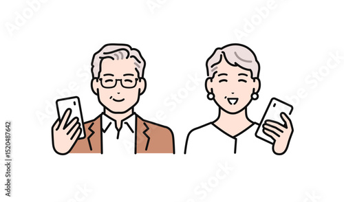 スマートフォンを見て喜ぶシニア夫婦のシンプルなベクターイラスト素材