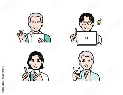 スマホ・タブレット・pcを見て喜ぶ中年男女のシンプルなベクターイラストセット