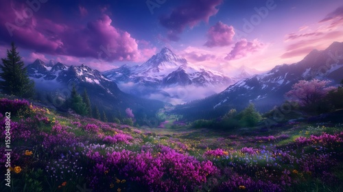 Serene alpine valley at dusk with glowing mountain peaks and vibrant wildflowers in the foreground