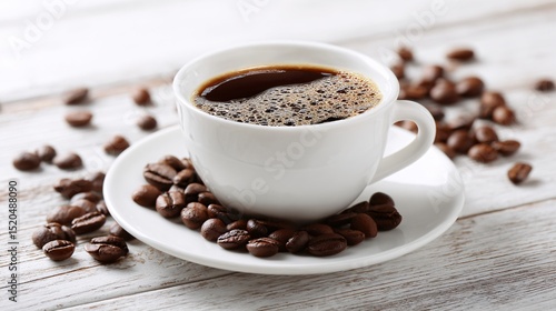 Dark Coffee in a White Cup and Saucer with Coffee Beans on a Distressed White Wooden Surface