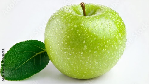 Fresh green apple with water droplets on a white background, showcasing its natural beauty