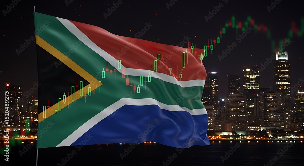 Obraz premium South Africa Flag with Stock Market Chart at Night