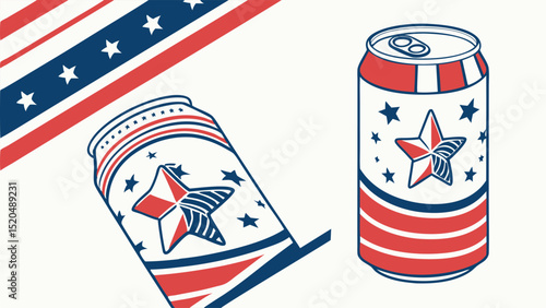 Two patriotic soda cans with stars and stripes on a white background in a simple illustration